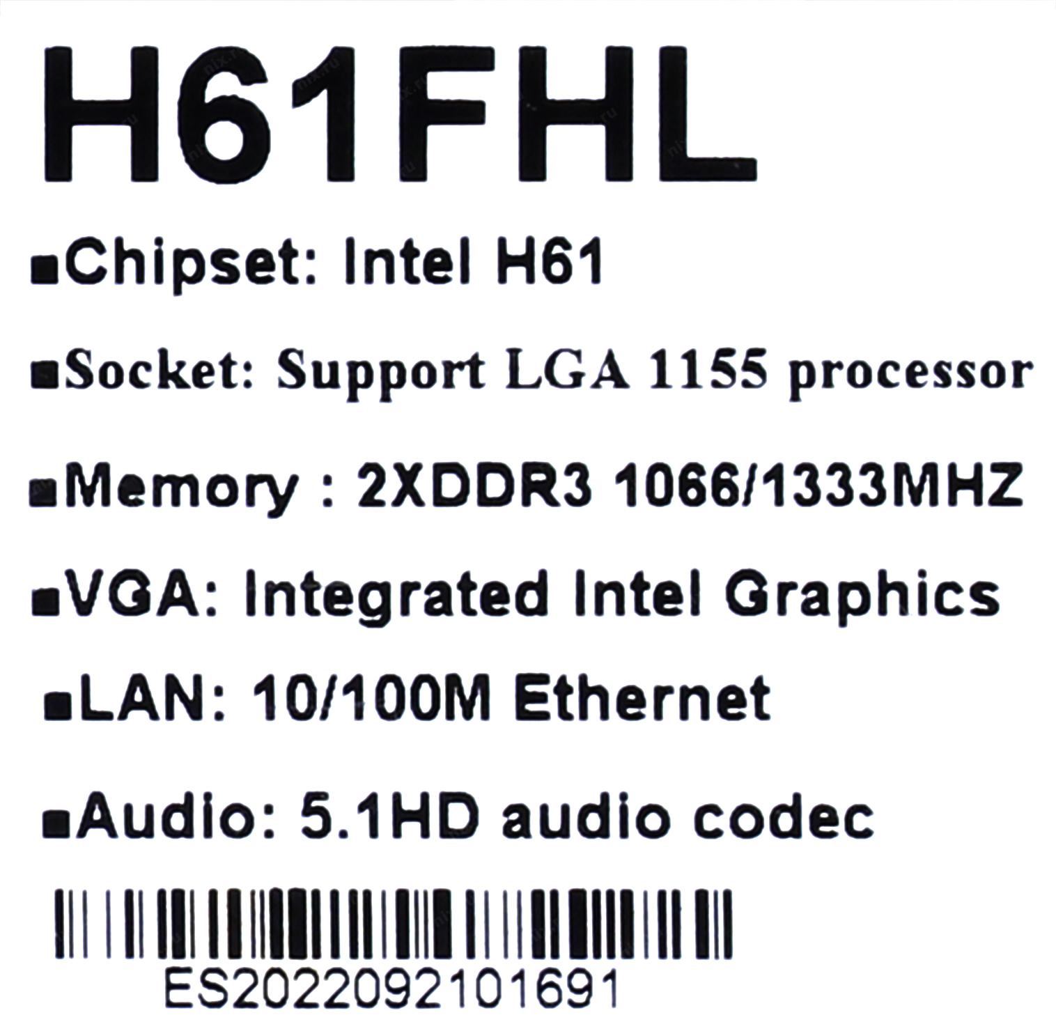 Материнская плата Esonic H61FHL Socket 1155, Intel®H61, 2xDDR3-1333,  D-SUB+HDMI, 1xPCI-Ex16,1xPCI-EX1, 4xSATA2, 8 Ch Audio, Lan, (6+2)USB2.0,  mATX, RTL (20) | НИКС Екатеринбург