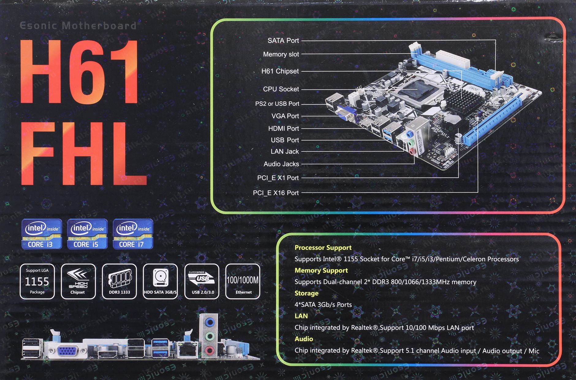 Материнская плата Esonic H61FHL Socket 1155, Intel®H61, 2xDDR3-1333,  D-SUB+HDMI, 1xPCI-Ex16,1xPCI-EX1, 4xSATA2, 8 Ch Audio, Lan, (6+2)USB2.0,  mATX, RTL (20) | НИКС Екатеринбург