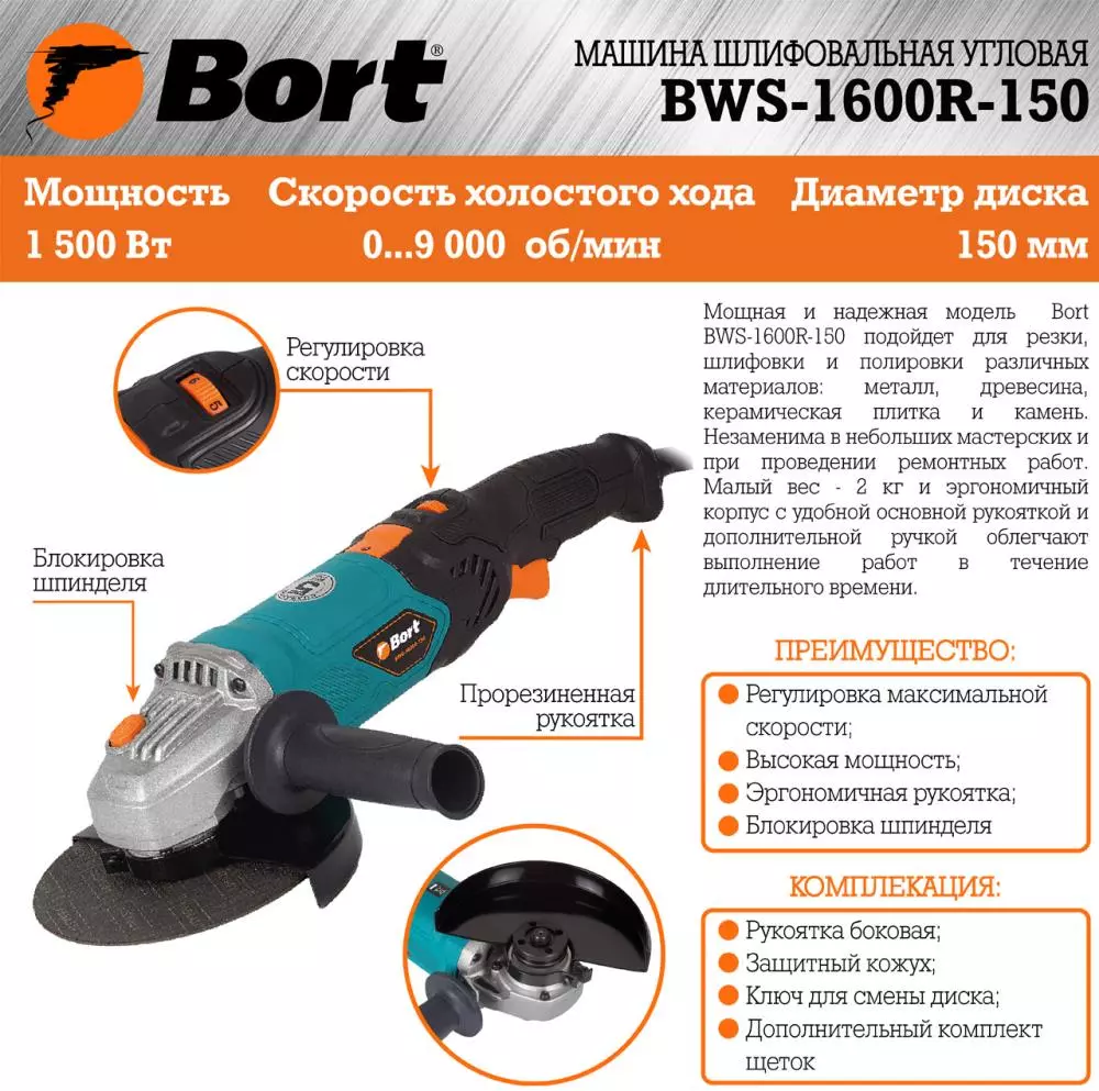 Машина шлифовальная угловая BWS-1600R-150, 93727529, 1500Вт., 150мм., BORT  | НИКС Екатеринбург